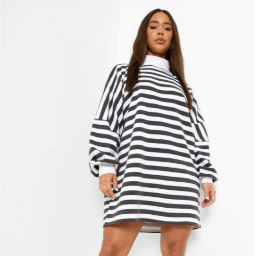STRIPE OVERSIZED TURTLENECK SWEAT DRESS (boohoo)